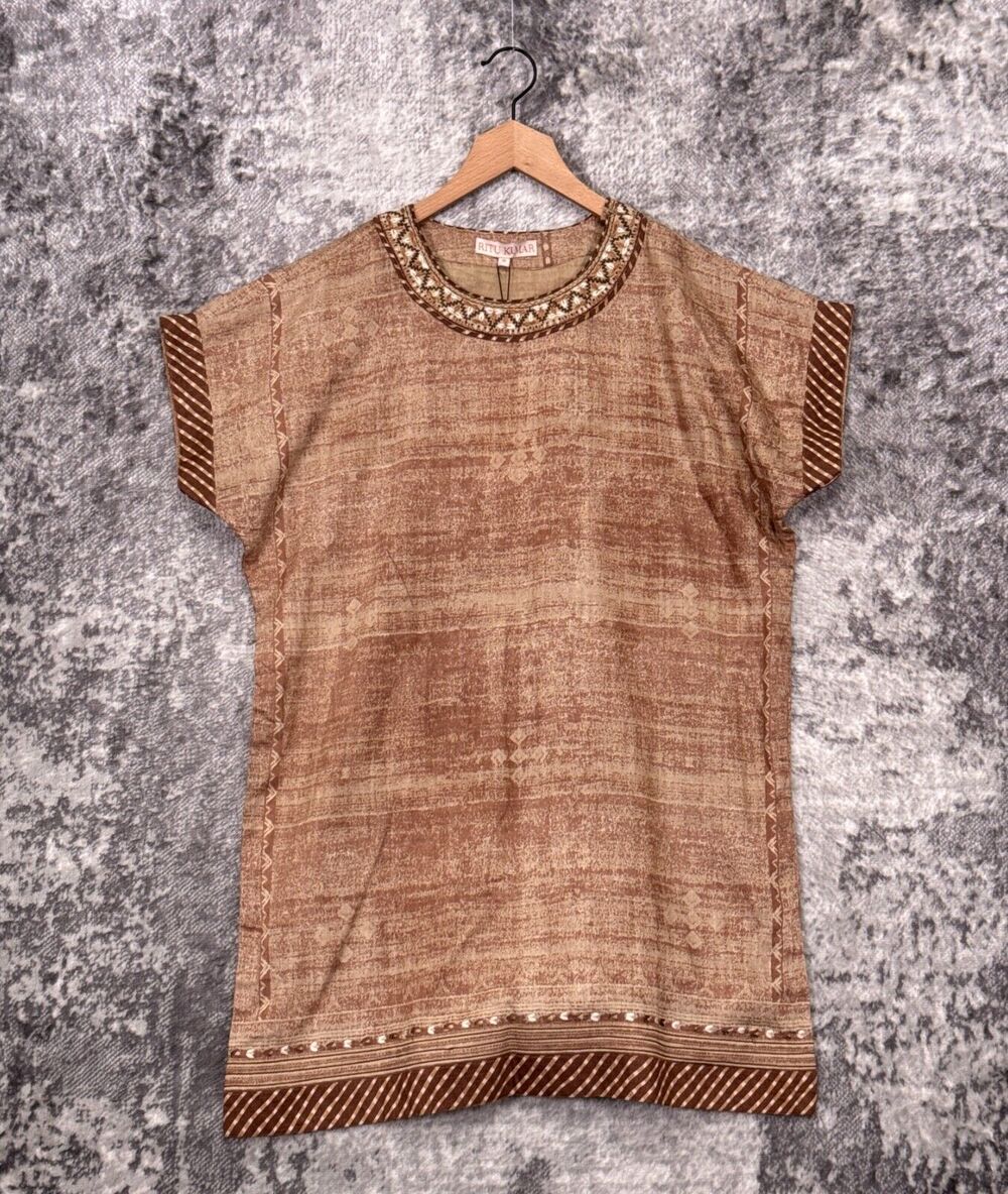New Rita Kumar Dress Medium Womens Brown Linen Silk Handmade Tunic Dolman